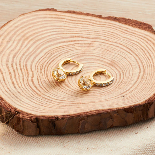 Gold Plated Solitaire Drop Hoop Earrings Created with Zircondia® Crystals - Philip Jones Jewellery