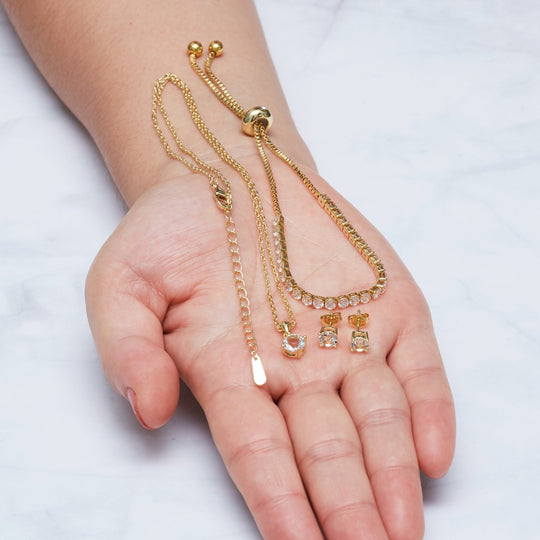 Gold Plated Solitaire Friendship Set Created with Zircondia® Crystals - Philip Jones Jewellery