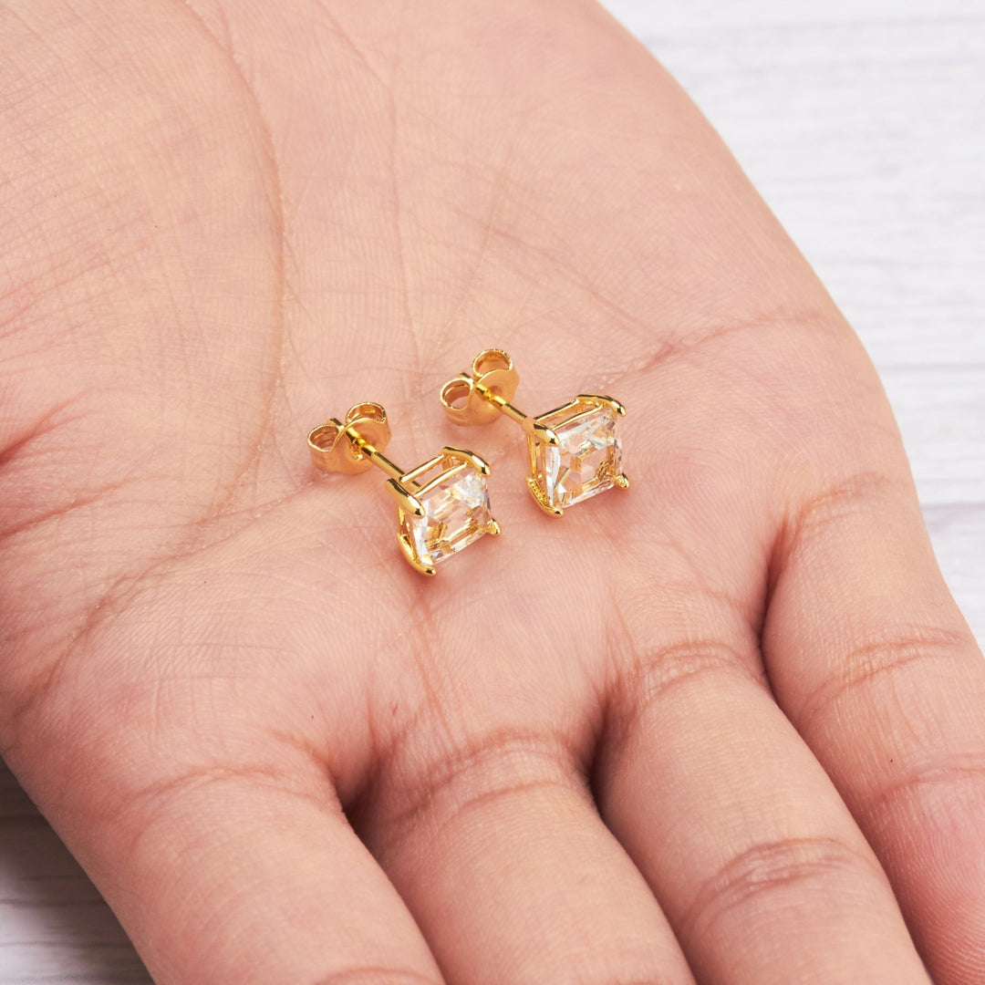 Gold Plated Square Earrings Created with Zircondia® Crystals - Philip Jones Jewellery