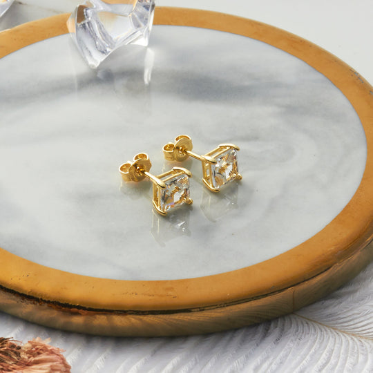 Gold Plated Square Earrings Created with Zircondia® Crystals - Philip Jones Jewellery