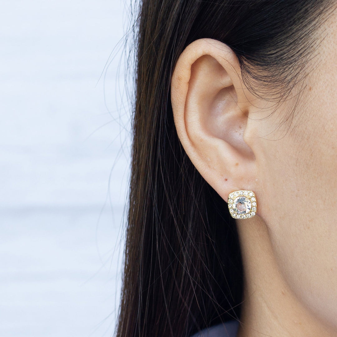 Gold Plated Square Halo Earrings Created with Zircondia® Crystals - Philip Jones Jewellery