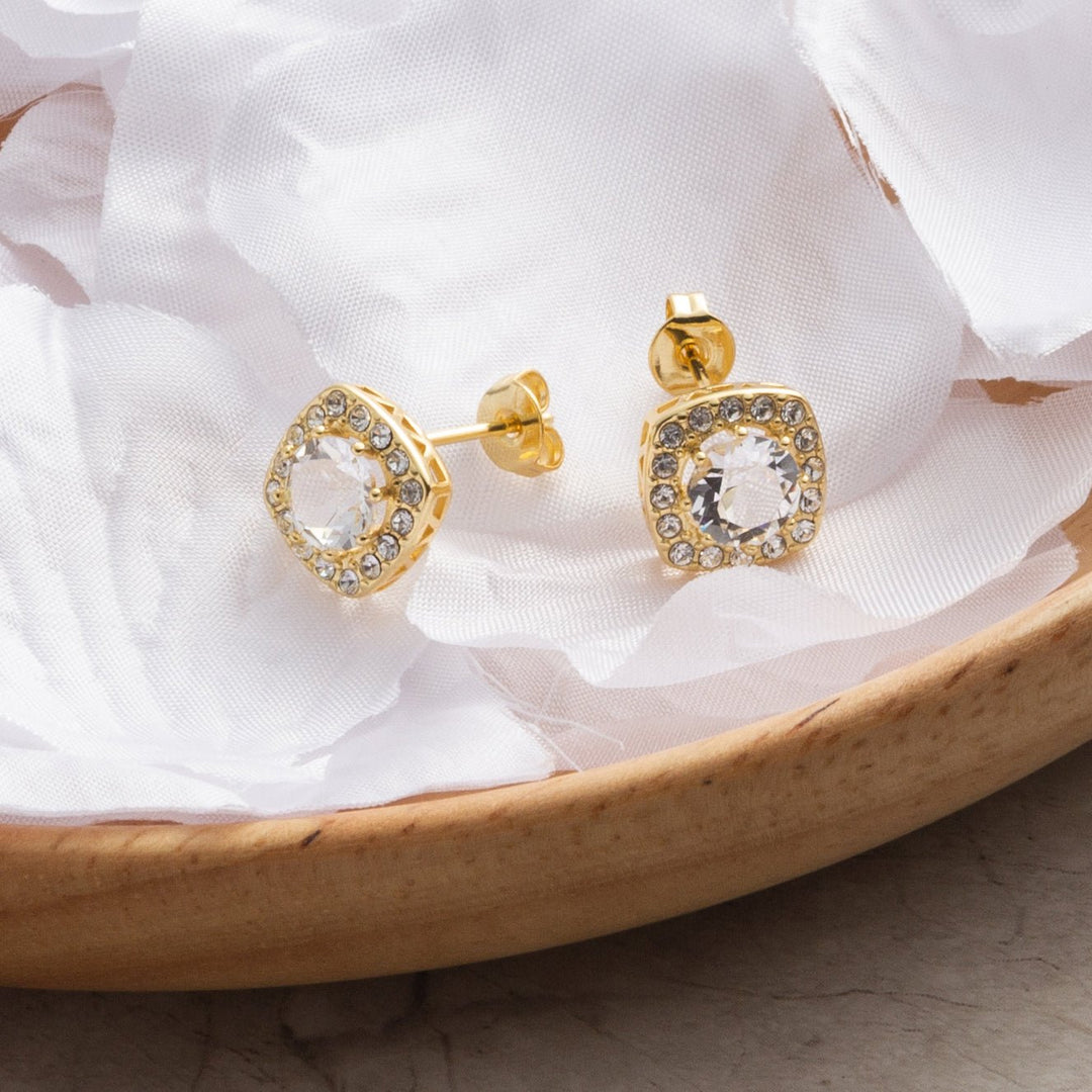 Gold Plated Square Halo Earrings Created with Zircondia® Crystals - Philip Jones Jewellery