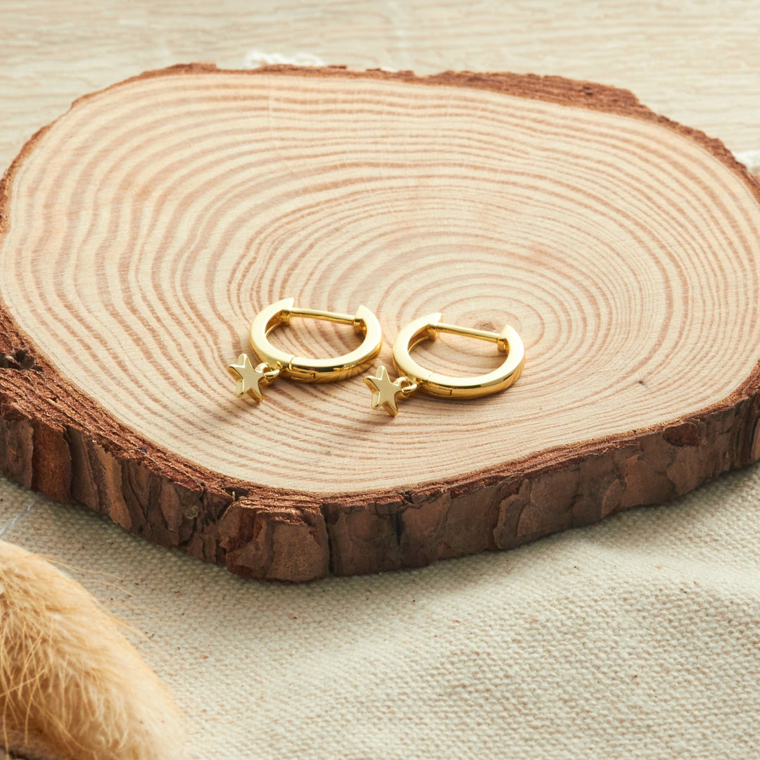 Gold Plated Star Charm Hoop Earrings - Philip Jones Jewellery