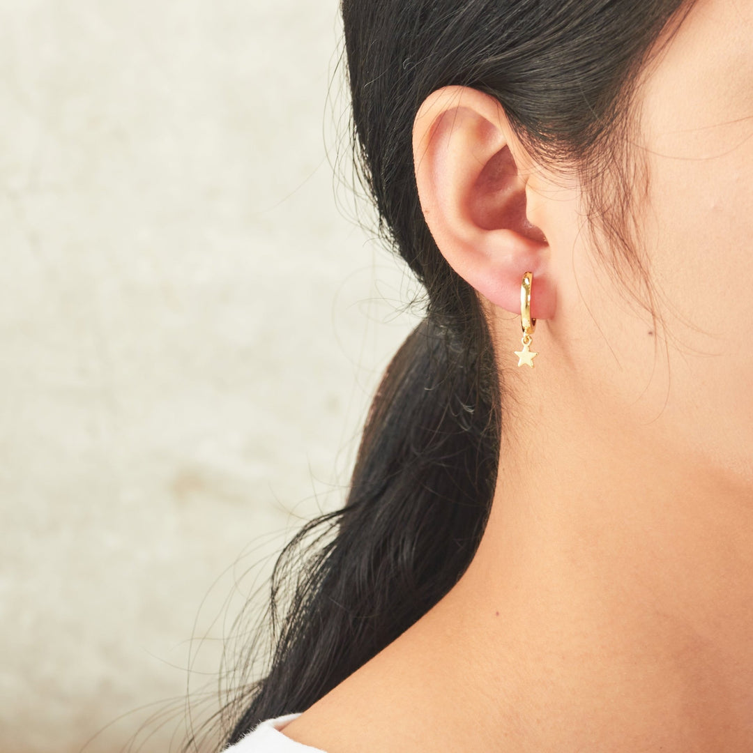 Gold Plated Star Charm Hoop Earrings - Philip Jones Jewellery