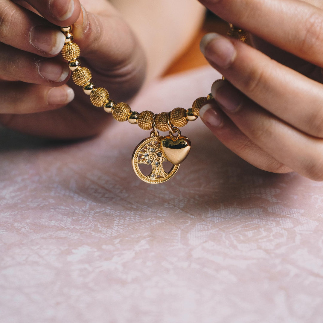 Gold Plated Tree of Life Bangle Created with Zircondia® Crystals - Philip Jones Jewellery