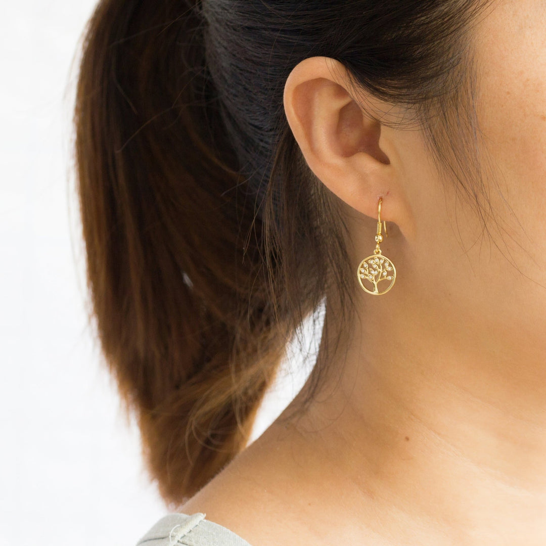 Gold Plated Tree of Life Drop Earrings Created with Crystals from Zircondia® - Philip Jones Jewellery