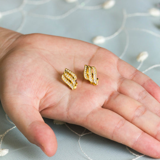 Gold Plated Triple Row Clip On Earrings Created with Zircondia® Crystals - Philip Jones Jewellery