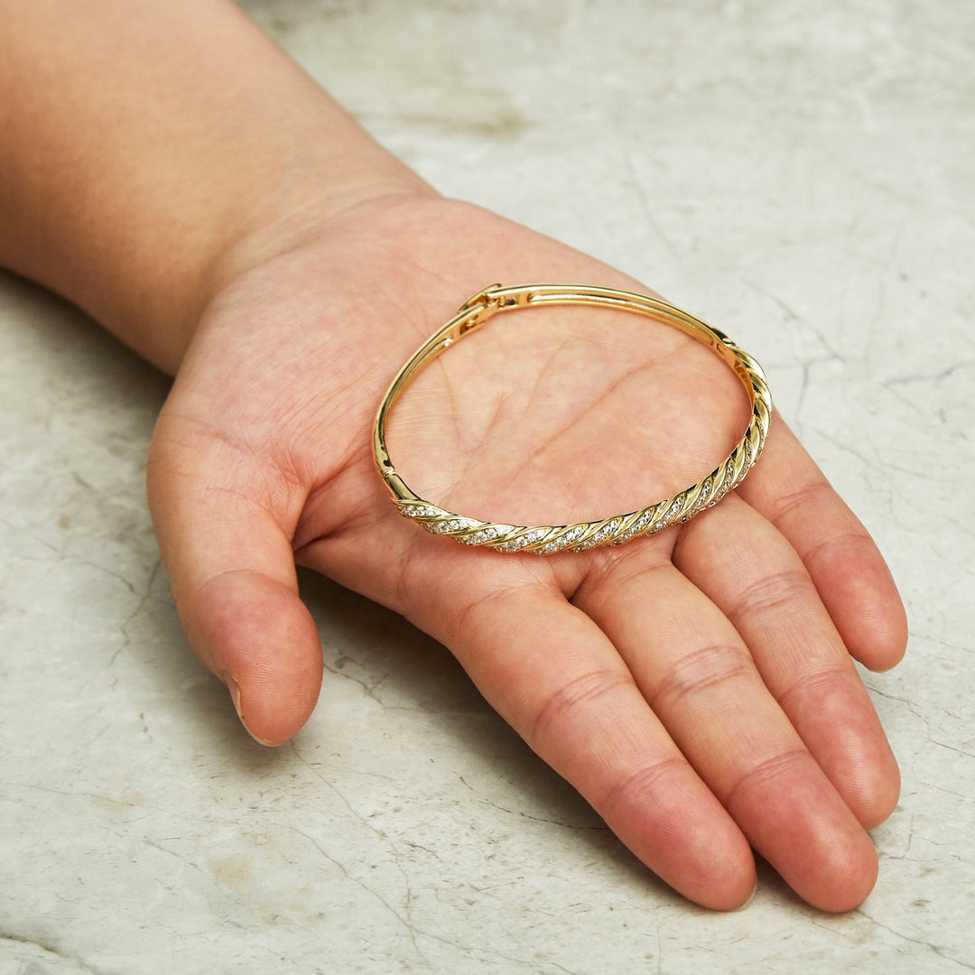Gold Plated Twist Bangle Created with Zircondia® Crystals (7 Inch) - Philip Jones Jewellery