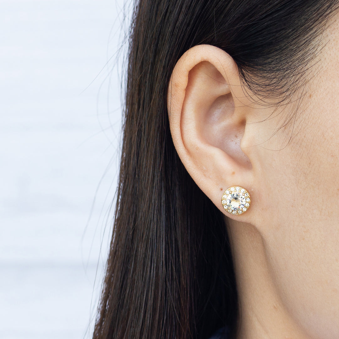 Gold Plated Halo Earrings Created with Zircondia® Crystals