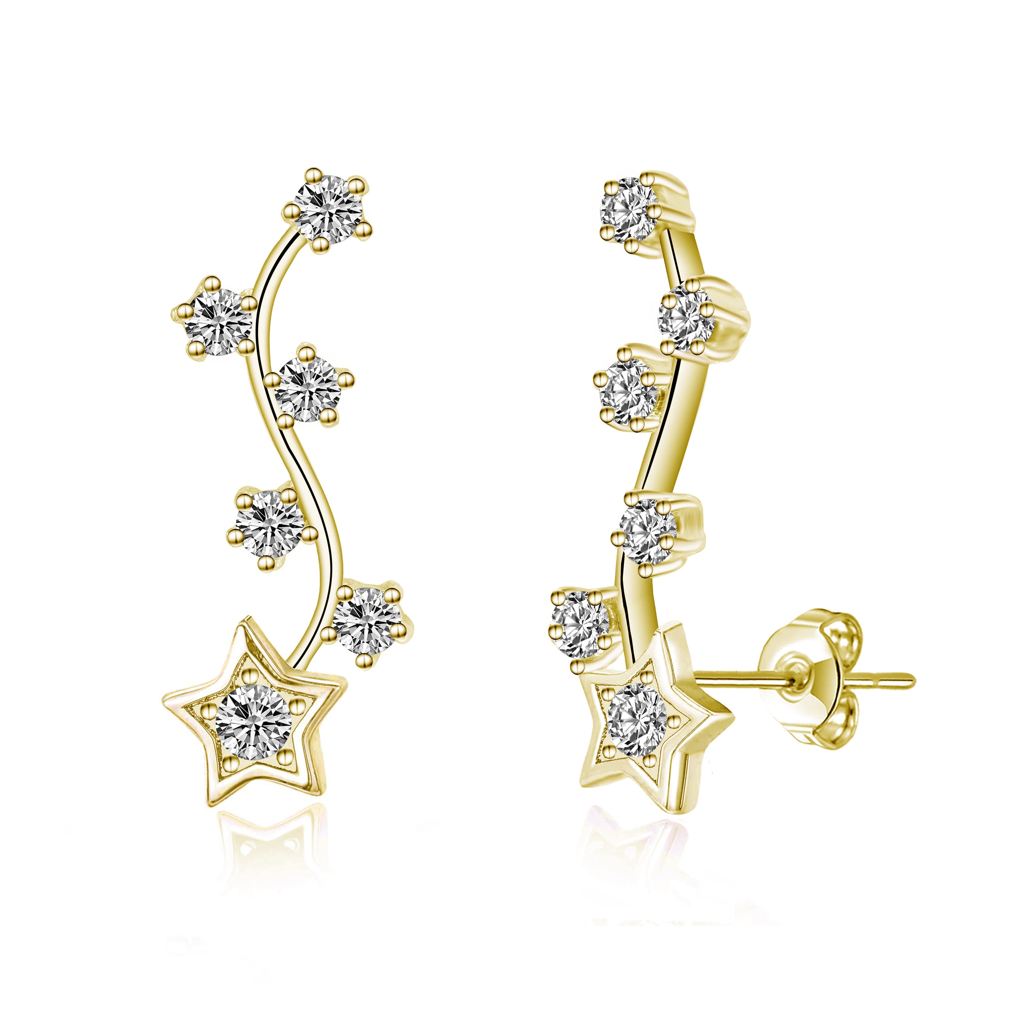 Gold Plated Star Climber Earrings Created with Zircondia® Crystals by Philip Jones Jewellery