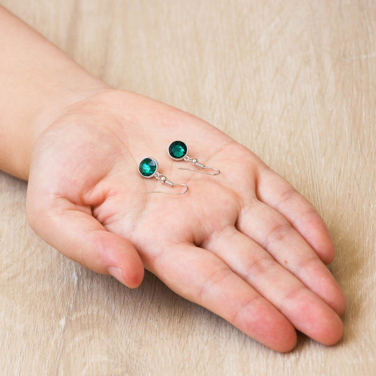 Green Crystal Drop Earrings Created with Zircondia® Crystals - Philip Jones Jewellery