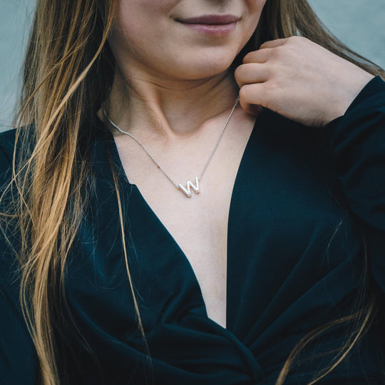 Initial Necklace Letter W Created with Zircondia® Crystals - Philip Jones Jewellery
