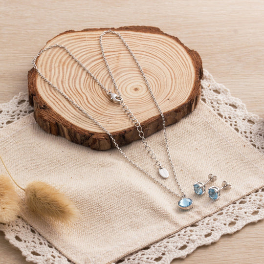 March (Aquamarine) Birthstone Necklace & Earrings Set Created with Zircondia® Crystals - Philip Jones Jewellery