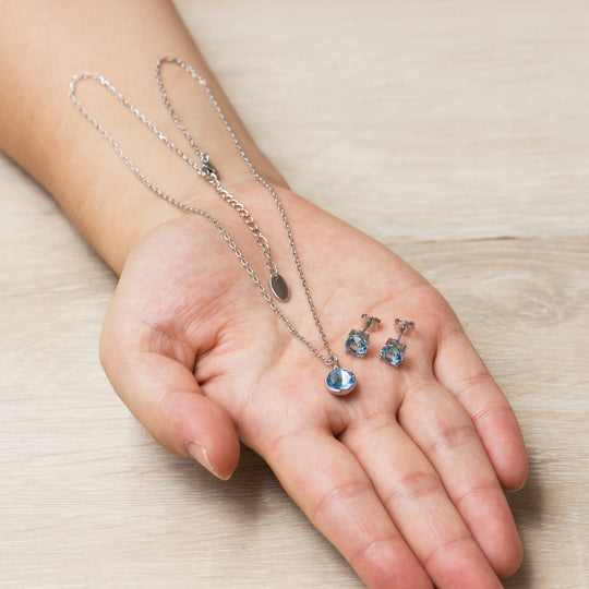 March (Aquamarine) Birthstone Necklace & Earrings Set Created with Zircondia® Crystals - Philip Jones Jewellery