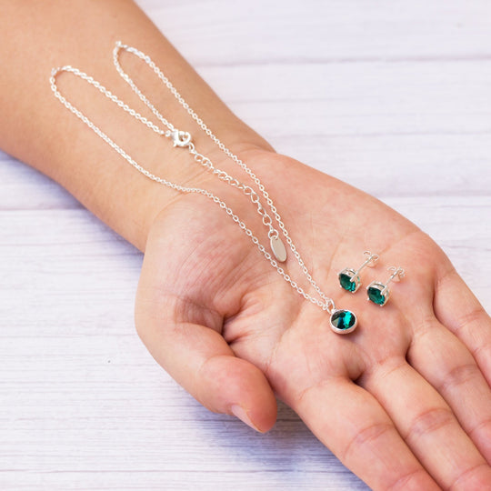 May (Emerald) Birthstone Necklace & Earrings Set Created with Zircondia® Crystals - Philip Jones Jewellery