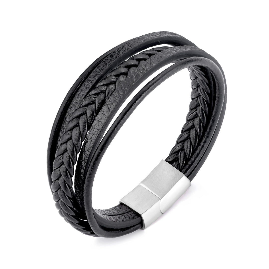 Men's Genuine Black Leather Bracelet with Stainless Steel Clasp - Philip Jones Jewellery