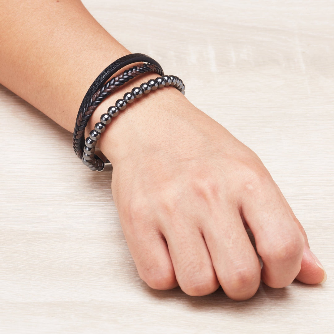 Men's Genuine Leather Hematite Bracelet - Philip Jones Jewellery
