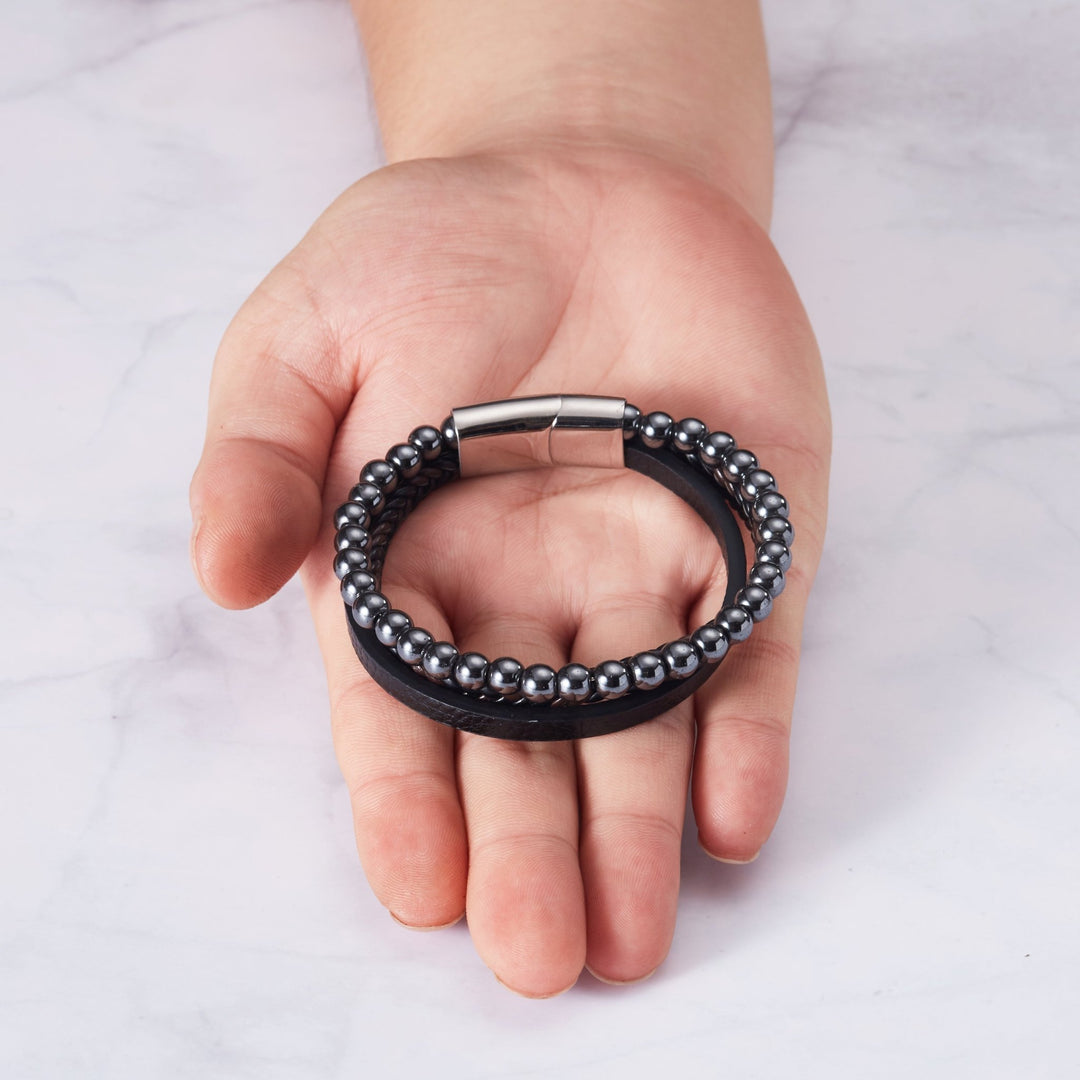 Men's Genuine Leather Hematite Bracelet - Philip Jones Jewellery