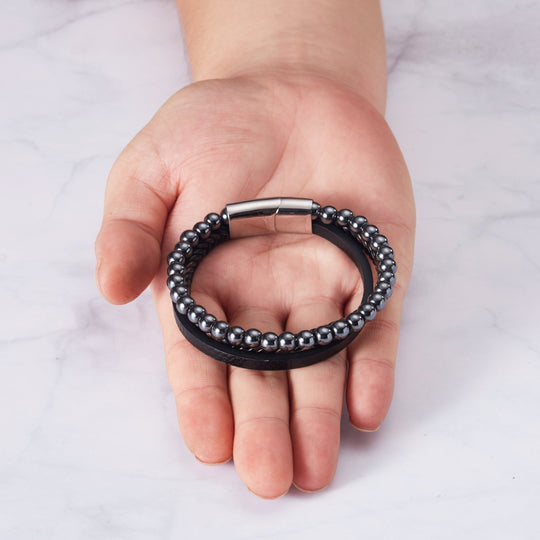 Men's Genuine Leather Hematite Bracelet - Philip Jones Jewellery
