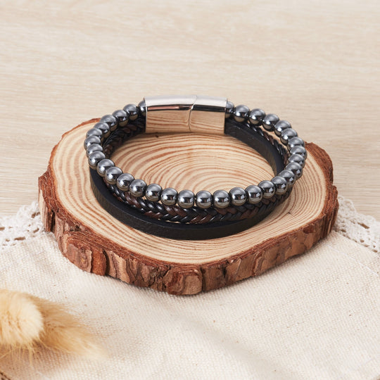 Men's Genuine Leather Hematite Bracelet - Philip Jones Jewellery