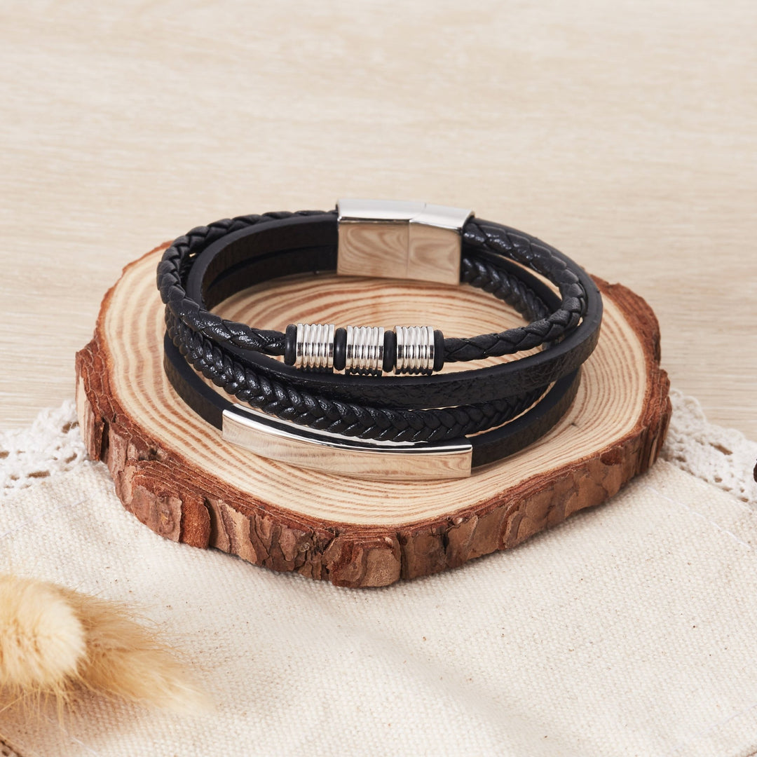 Men's Steel Genuine Black Leather Double Braided Bracelet - Philip Jones Jewellery