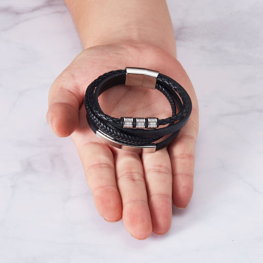 Men's Steel Genuine Black Leather Double Braided Bracelet - Philip Jones Jewellery