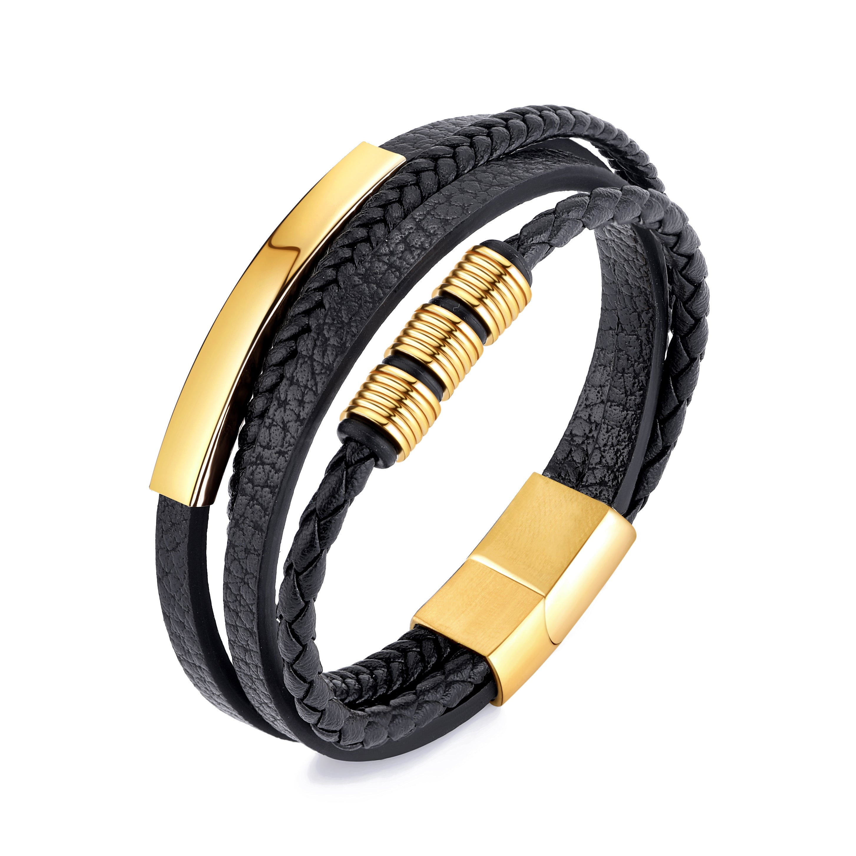 Braided Leather and Gold-Plated Bracelet