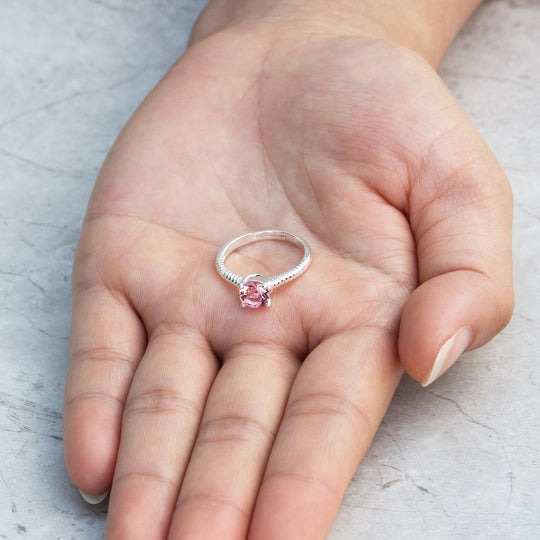 Pink Adjustable Crystal Ring Created with Zircondia® Crystals - Philip Jones Jewellery