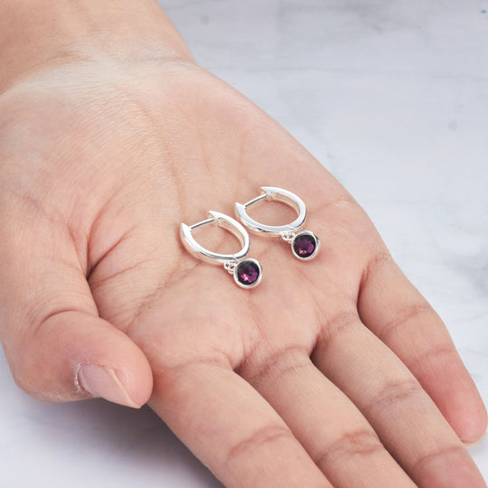 Purple Crystal Hoop Earrings Created with Zircondia® Crystals - Philip Jones Jewellery