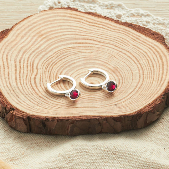 Red Crystal Hoop Earrings Created with Zircondia® Crystals - Philip Jones Jewellery