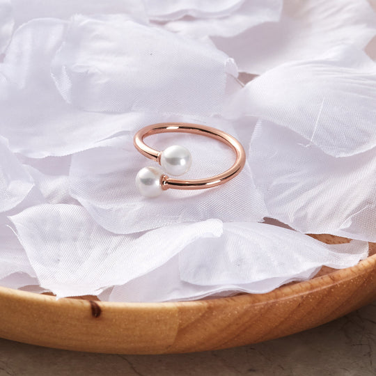 Rose Gold Plated Adjustable Double Pearl Ring - Philip Jones Jewellery