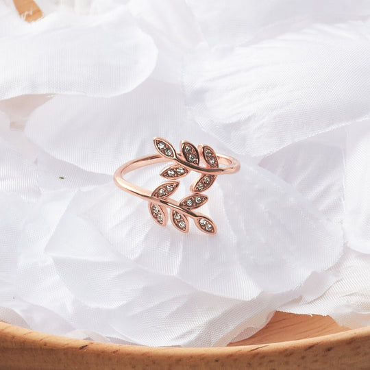 Rose Gold Plated Adjustable Leaf Ring Created with Zircondia® Crystals - Philip Jones Jewellery