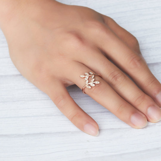 Rose Gold Plated Adjustable Leaf Ring Created with Zircondia® Crystals - Philip Jones Jewellery