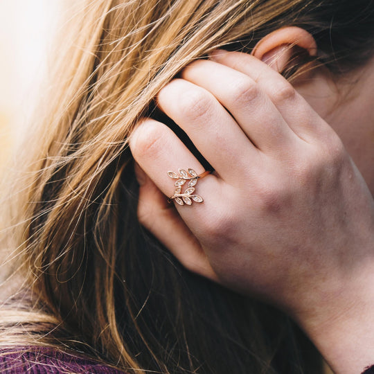 Rose Gold Plated Adjustable Leaf Ring Created with Zircondia® Crystals - Philip Jones Jewellery