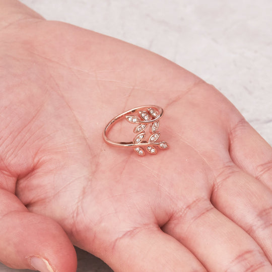 Rose Gold Plated Adjustable Leaf Ring Created with Zircondia® Crystals - Philip Jones Jewellery