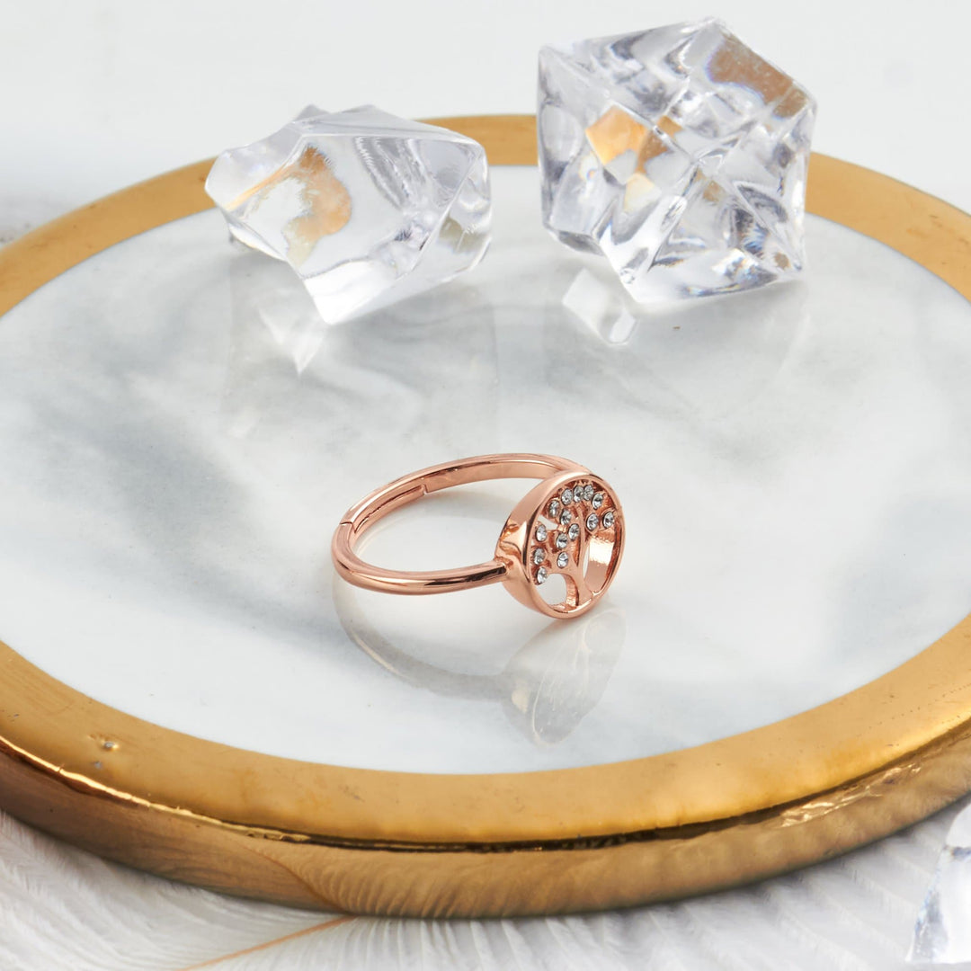 Rose Gold Plated Adjustable Tree of Life Ring Created with Zircondia® Crystals - Philip Jones Jewellery