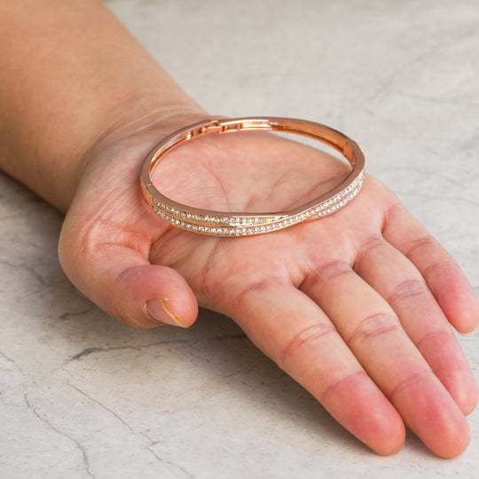 Rose Gold Plated Crossover Bangle Created with Zircondia® Crystals (7 Inch) - Philip Jones Jewellery