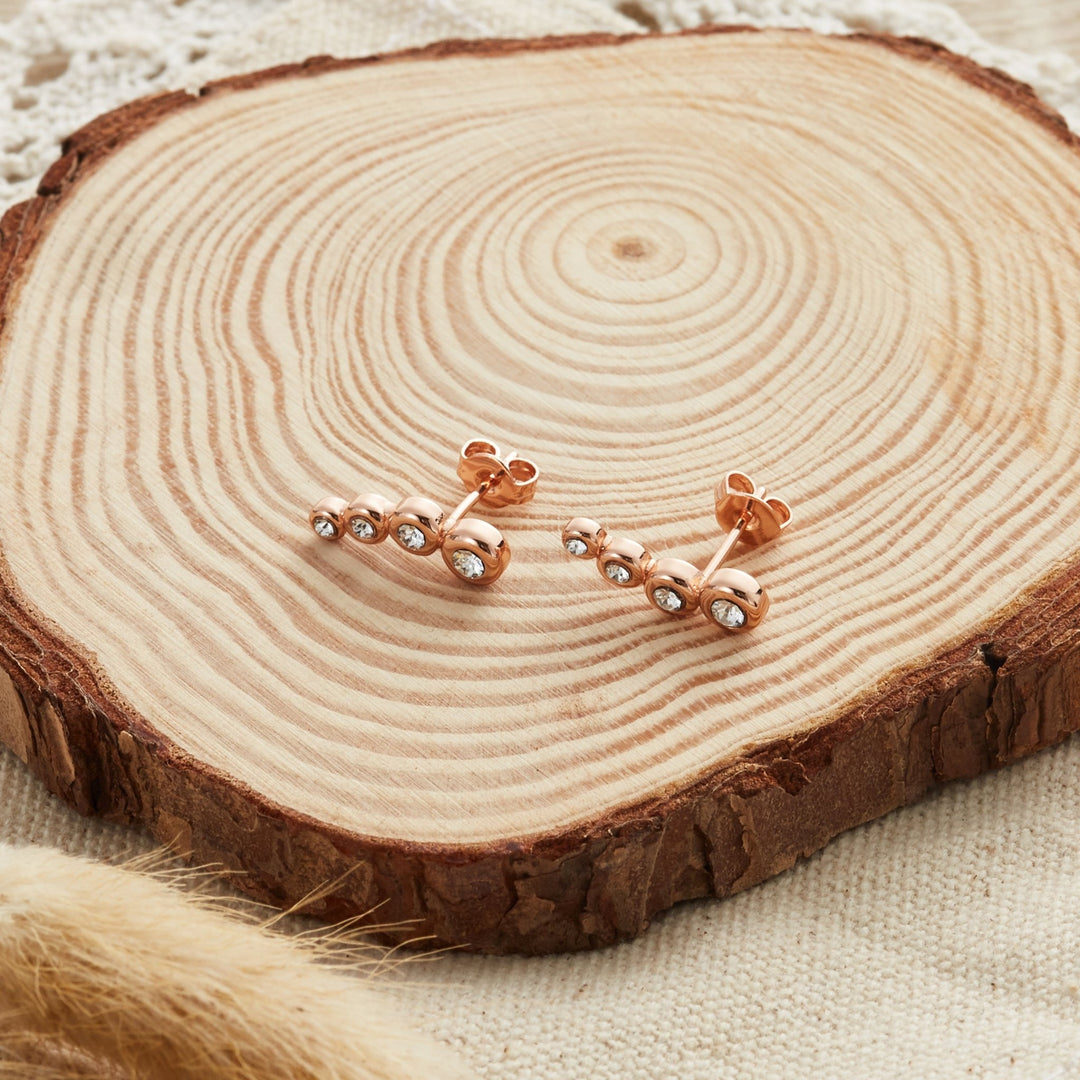 Rose Gold Plated Four Stone Climber Earrings Created With Zircondia® Crystals - Philip Jones Jewellery
