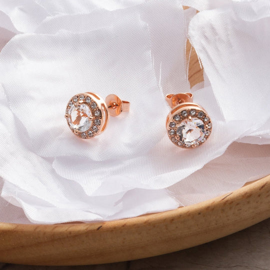 Rose Gold Plated Halo Earrings Created with Zircondia® Crystals - Philip Jones Jewellery