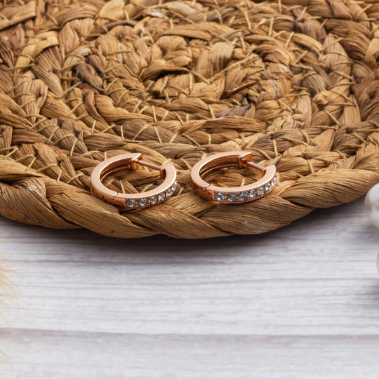 Rose Gold Plated Hoop Earrings Created with Zircondia® Crystals - Philip Jones Jewellery