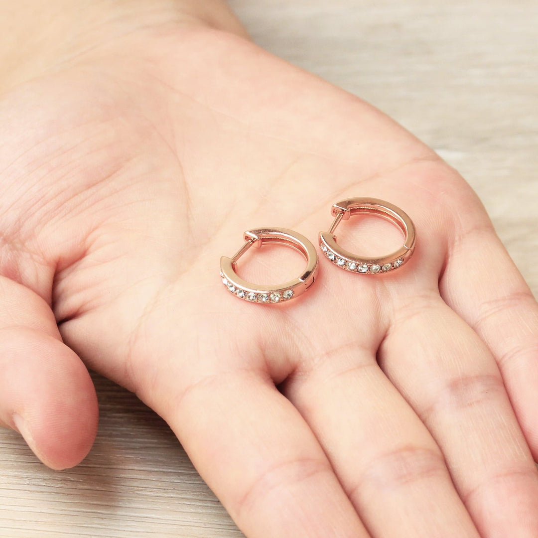 Rose Gold Plated Hoop Earrings Created with Zircondia® Crystals - Philip Jones Jewellery