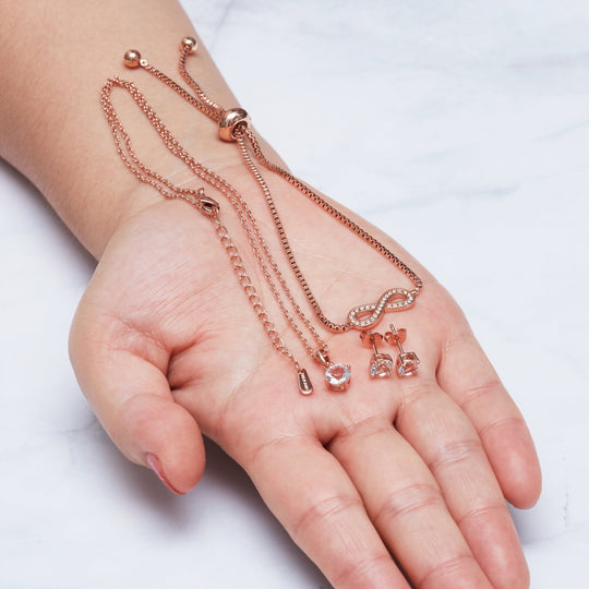 Rose Gold Plated Infinity Friendship Set Created with Zircondia® Crystals - Philip Jones Jewellery