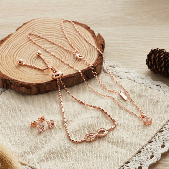 Rose Gold Plated Infinity Friendship Set Created with Zircondia® Crystals - Philip Jones Jewellery