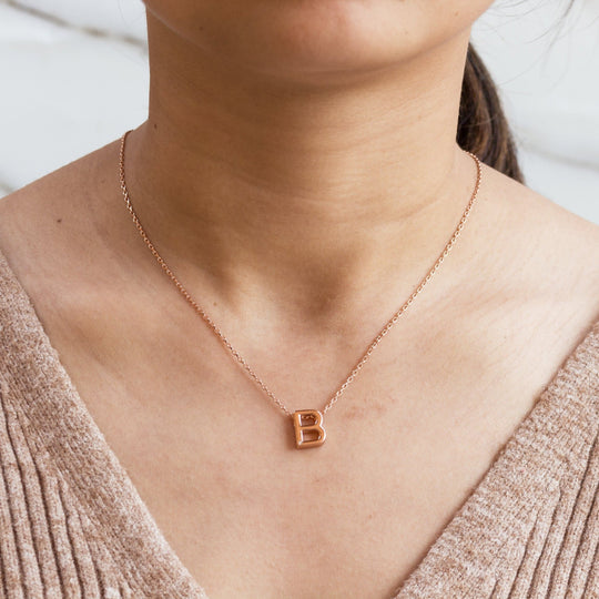 Rose Gold Plated Initial Necklace Letter B Created with Zircondia® Crystals - Philip Jones Jewellery