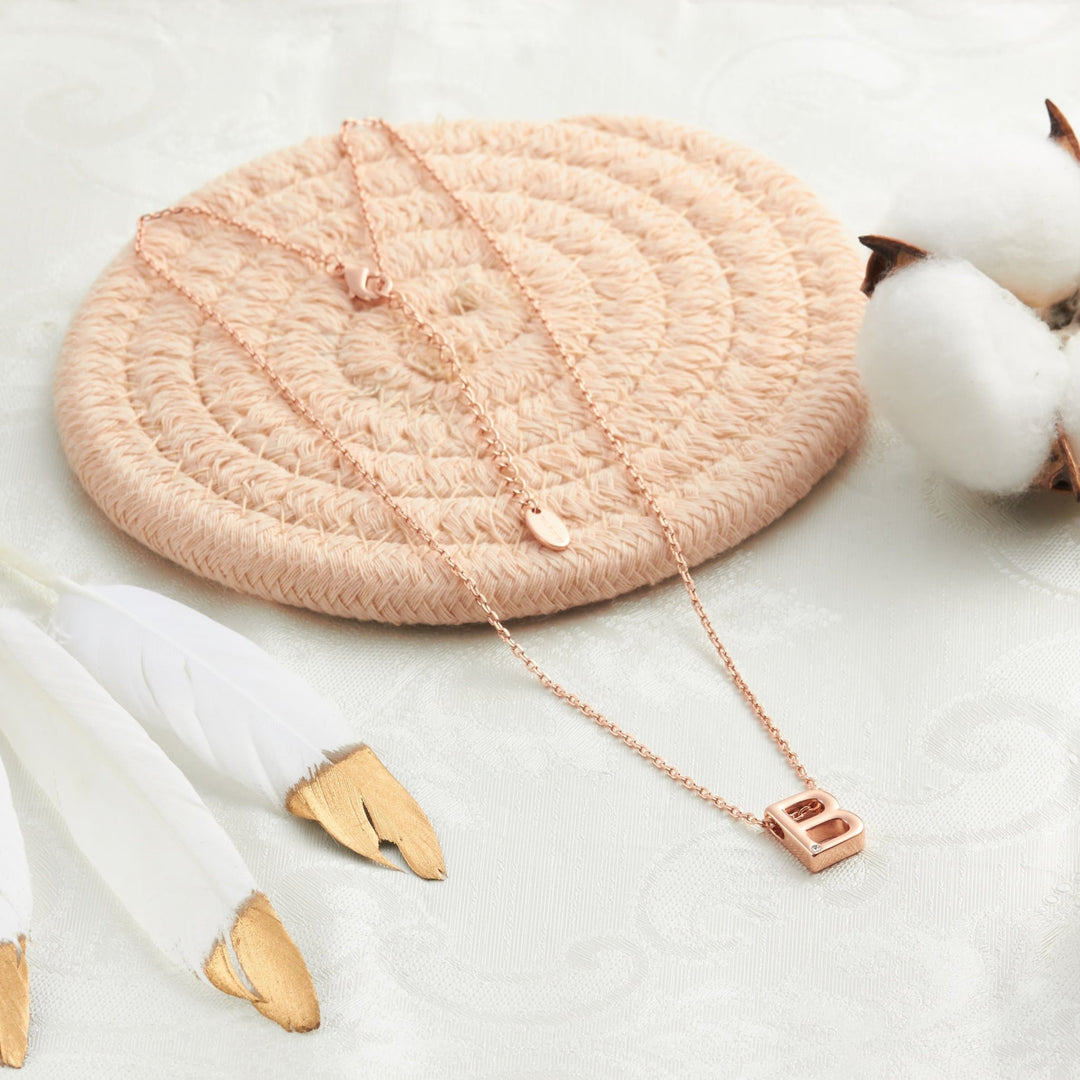 Rose Gold Plated Initial Necklace Letter B Created with Zircondia® Crystals - Philip Jones Jewellery