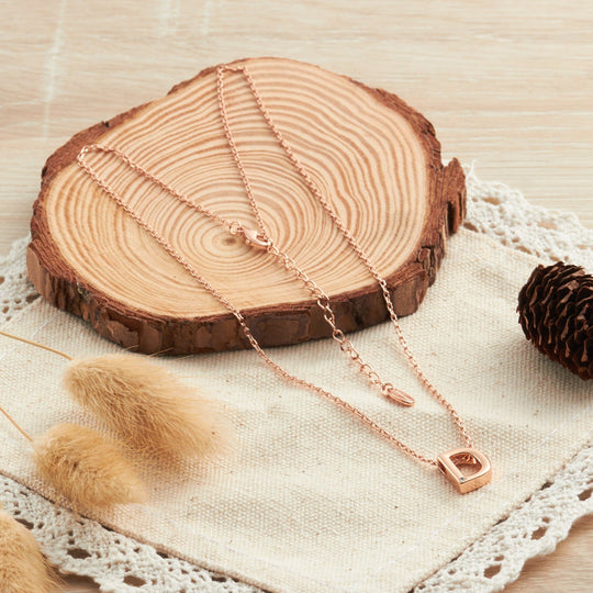 Rose Gold Plated Initial Necklace Letter D Created with Zircondia® Crystals - Philip Jones Jewellery