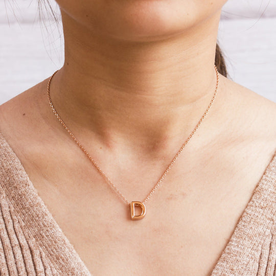 Rose Gold Plated Initial Necklace Letter D Created with Zircondia® Crystals - Philip Jones Jewellery