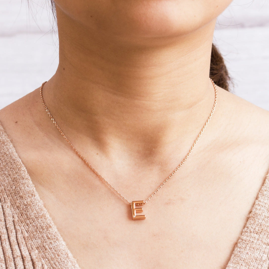 Rose Gold Plated Initial Necklace Letter E Created with Zircondia® Crystals - Philip Jones Jewellery