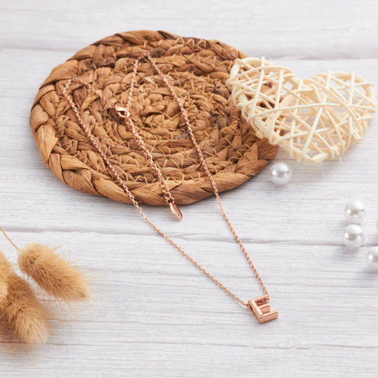 Rose Gold Plated Initial Necklace Letter E Created with Zircondia® Crystals - Philip Jones Jewellery