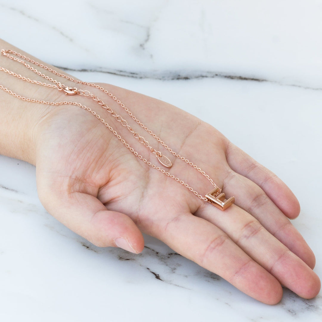 Rose Gold Plated Initial Necklace Letter E Created with Zircondia® Crystals - Philip Jones Jewellery